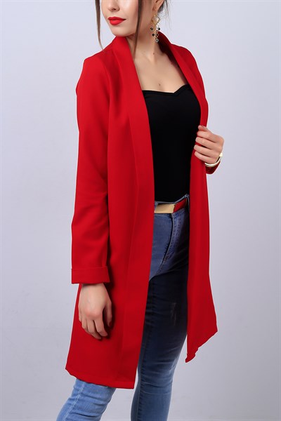 Kırmızı Kol Katlı Bayan Uzun Ceket 13381B