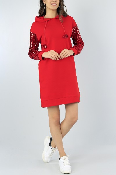 Kırmızı Kolları Pullu Bayan Selanik Elbise Tunik 53274