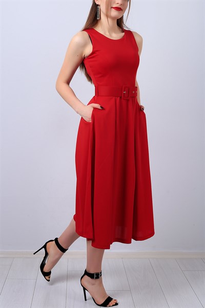 Kırmızı Kolsuz Bayan Kemerli Elbise 13391B