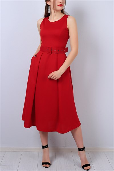 Kırmızı Kolsuz Bayan Kemerli Elbise 13391B