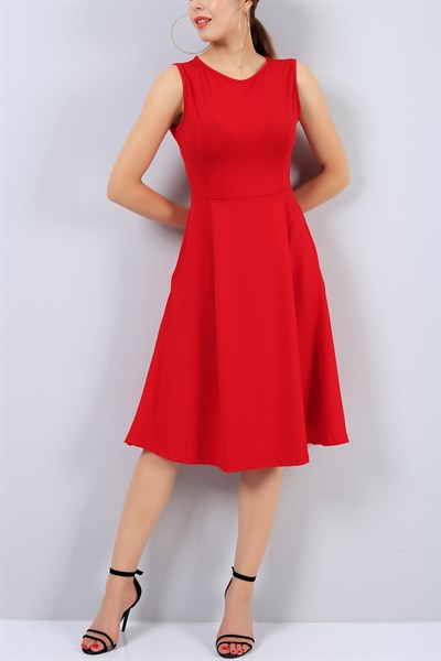 Kırmızı Kolsuz Cepli Bayan Elbise 14872B