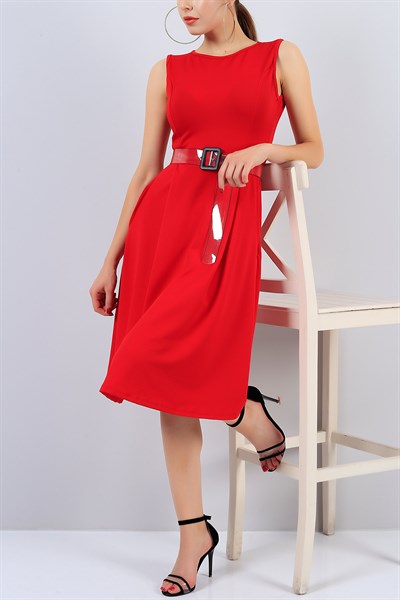 Kırmızı Kolsuz Cepli Bayan Elbise 14872B