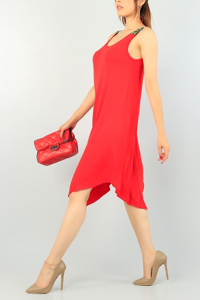Kırmızı Kolsuz Likralı Elbise 71204