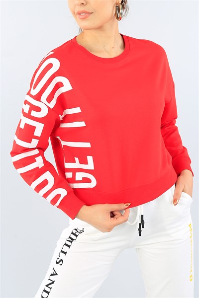 Kırmızı Kolu Baskılı Crop Bayan Sweat 39122