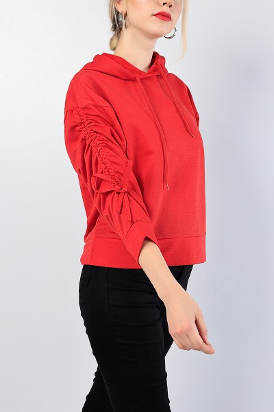Kırmızı Kolu Büzgülü Bayan Sweat 78479