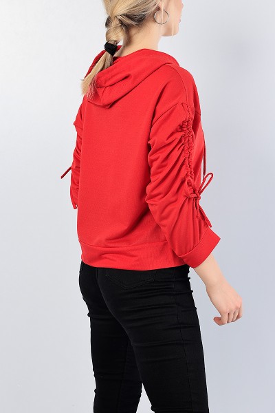 Kırmızı Kolu Büzgülü Bayan Sweat 78479