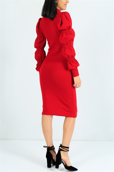 Kırmızı Kolu Büzgülü Triko Elbise 24703B