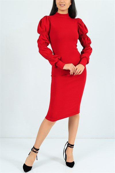 Kırmızı Kolu Büzgülü Triko Elbise 24703B