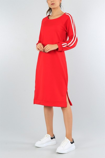 Kırmızı Kolu Şeritli Elbise 43430