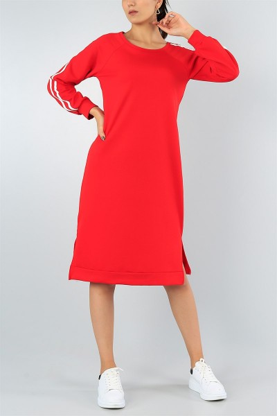 Kırmızı Kolu Şeritli Elbise 43430