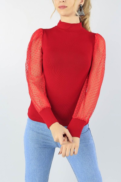 Kırmızı Kolu Tüllü Bayan Triko 53695