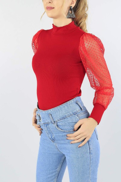 Kırmızı Kolu Tüllü Bayan Triko 53695