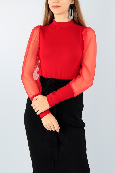 Kırmızı Kolu Tüllü Triko Kazak 45701