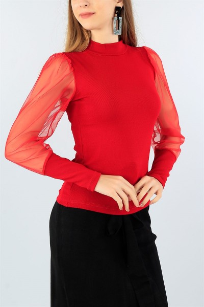 Kırmızı Kolu Tüllü Triko Kazak 45701