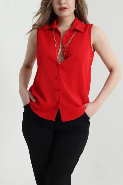 Kırmızı Kolye Detay Düğmeli Jessica Kadın Bluz 459478
