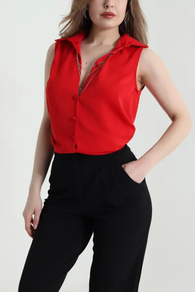 Kırmızı Kolye Detay Düğmeli Jessica Kadın Bluz 459478