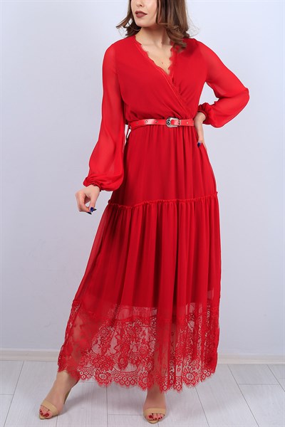 Kırmızı Kruvaze Yaka Bayan Kemerli Elbise 12414B