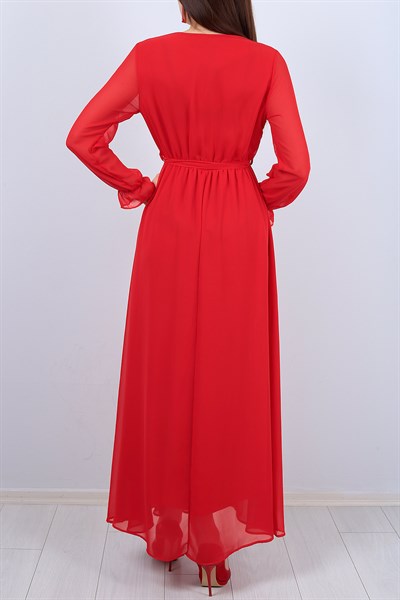 Kırmızı Kruvaze Yaka Bayan Şifon Elbise 12419B