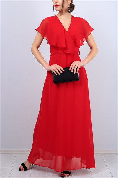 Kırmızı Kruvaze Yaka Bayan Şifon Elbise 12713B