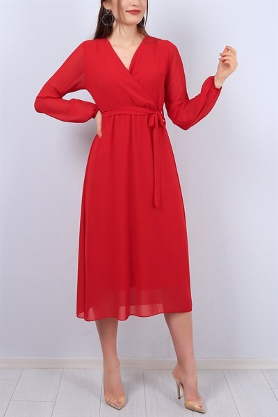 Kırmızı Kruvaze Yaka Bayan Şifon Elbise 12302B