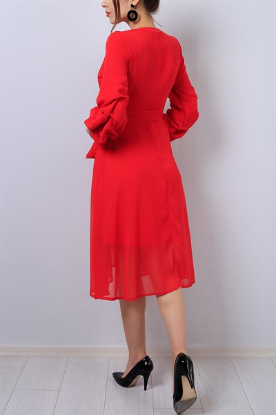 Kırmızı Kruvaze Yaka Bayan Şifon Elbise 14444B