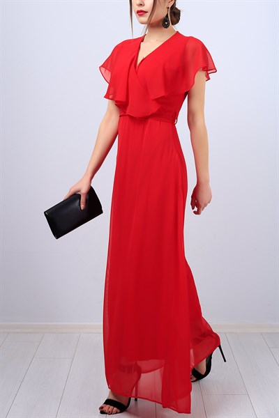 Kırmızı Kruvaze Yaka Bayan Şifon Elbise 12713B