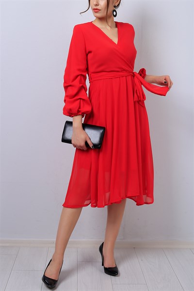 Kırmızı Kruvaze Yaka Bayan Şifon Elbise 14444B