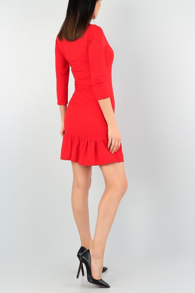 Kırmızı Kruvaze Yaka Fitilli Elbise 59605