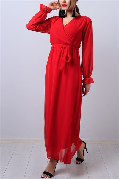 Kırmızı Kruvaze Yaka Kemerli Şifon Elbise 14098B