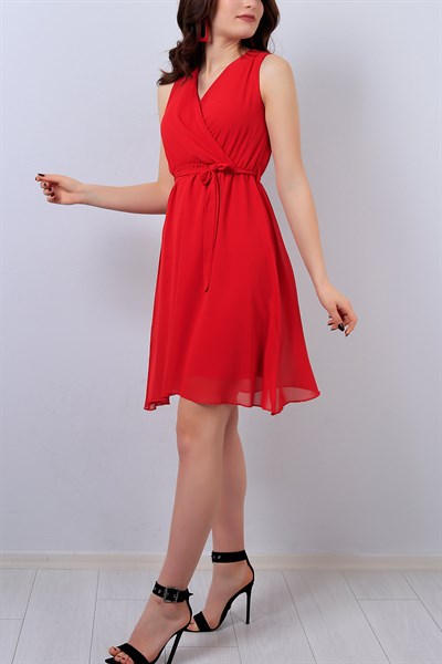 Kırmızı Kruvaze Yaka Kemerli Şifon Elbise 14094B