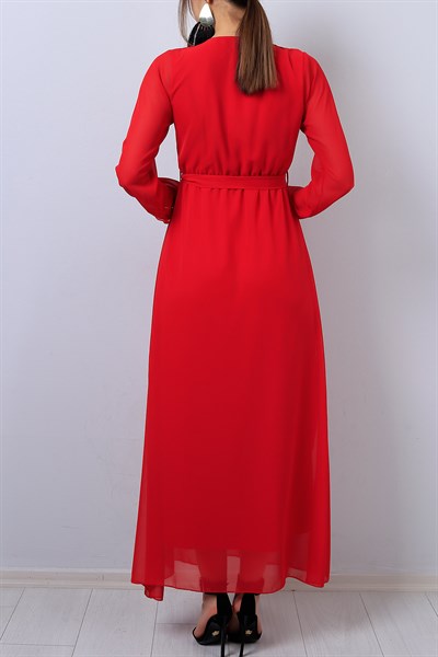 Kırmızı Kruvaze Yaka Kemerli Şifon Elbise 14098B