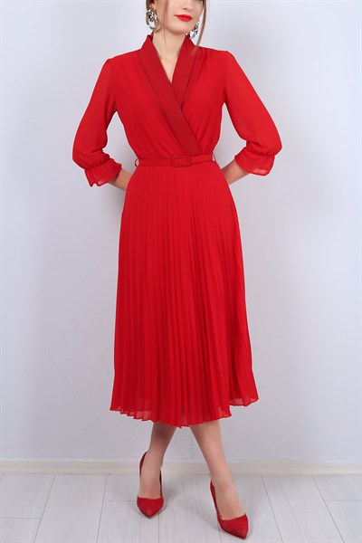 Kırmızı Kruvaze Yaka Pileli Şifon Elbise 12491B