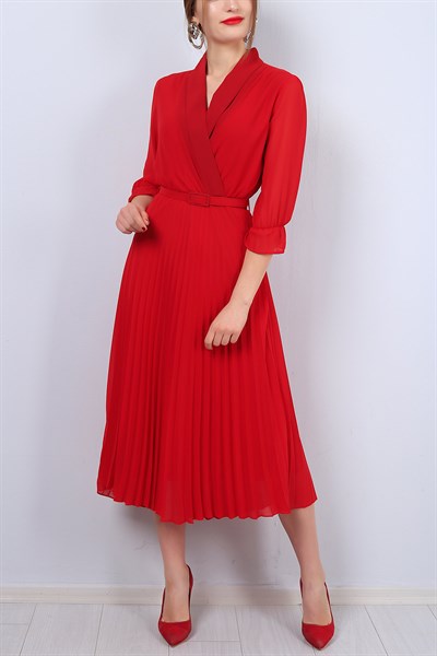 Kırmızı Kruvaze Yaka Pileli Şifon Elbise 12491B