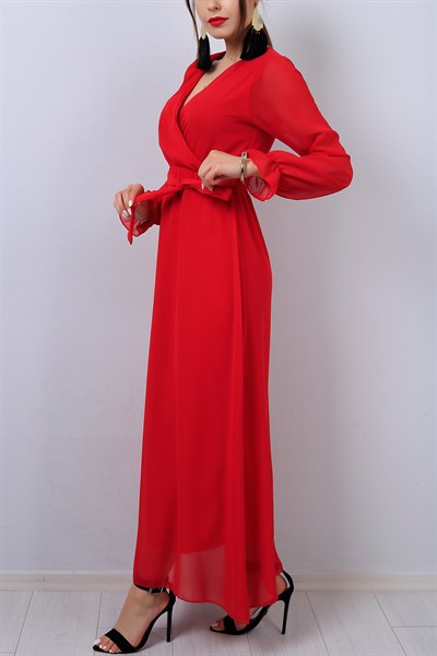 Kırmızı Kruvaze Yaka Şifon Elbise 17719B