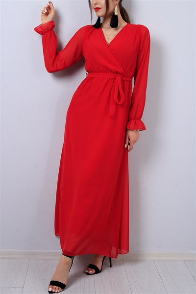Kırmızı Kruvaze Yaka Şifon Elbise 17719B