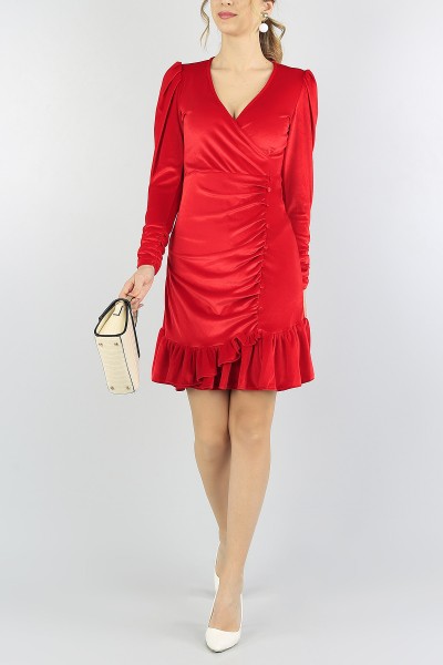 Kırmızı Kruvaze Yaka Volanlı Kadife Elbise 55441