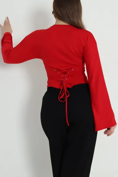 Kırmızı Kuş Gözü Bağcıklı Modal Kadın Bluz 494838