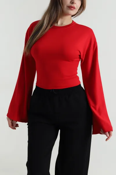 Kırmızı Kuş Gözü Bağcıklı Modal Kadın Bluz 494838