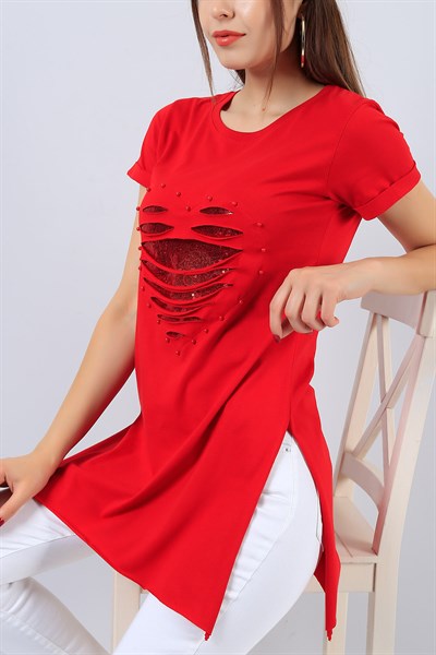 Kırmızı Lazer Kesim Bayan Yırtmaçlı Tişört 14982B