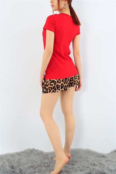 Kırmızı Leopar Desenli Bayan Pijama Takımı 31305