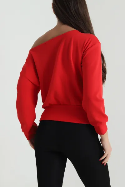 Kırmızı Likralı Baskılı Modal Kadın Bluz 494232