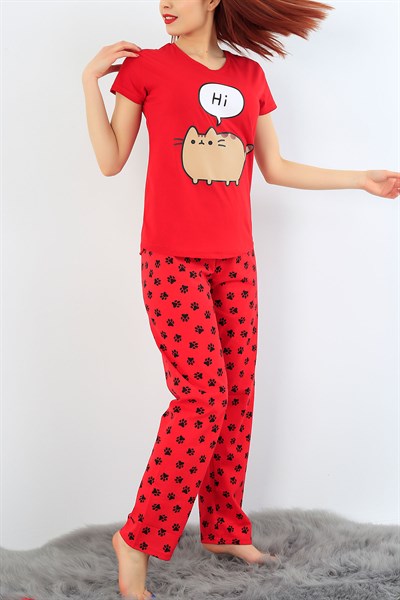 Kırmızı Likralı Bayan Pijama Takımı 30995