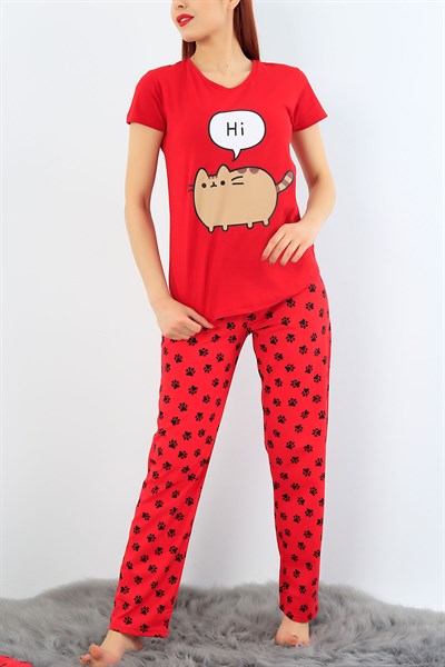 Kırmızı Likralı Bayan Pijama Takımı 30995