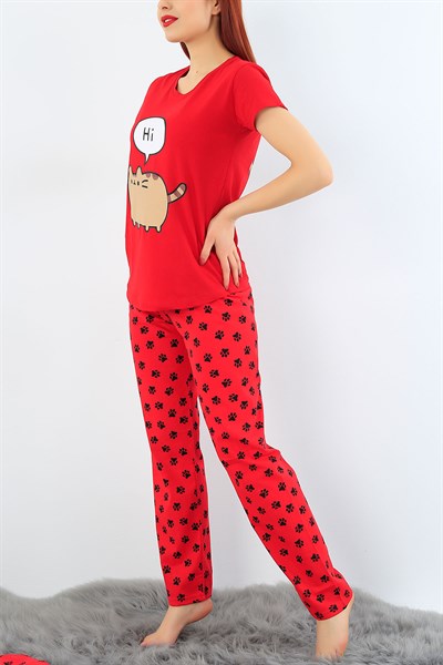 Kırmızı Likralı Bayan Pijama Takımı 30995