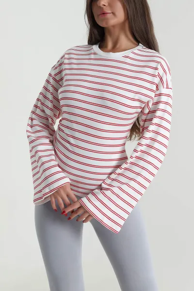 Kırmızı Likralı Bisiklet Yaka Kadın Sweat 491723