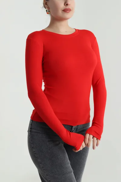 Kırmızı Likralı Bisiklet Yaka Oysho Kadın Bluz 493166
