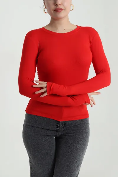 Kırmızı Likralı Bisiklet Yaka Oysho Kadın Bluz 493166