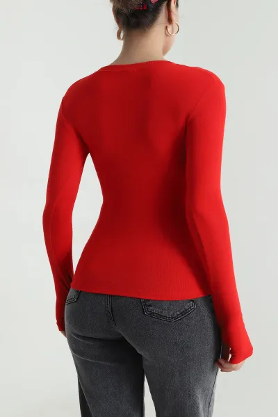 Kırmızı Likralı Bisiklet Yaka Oysho Kadın Bluz 493166
