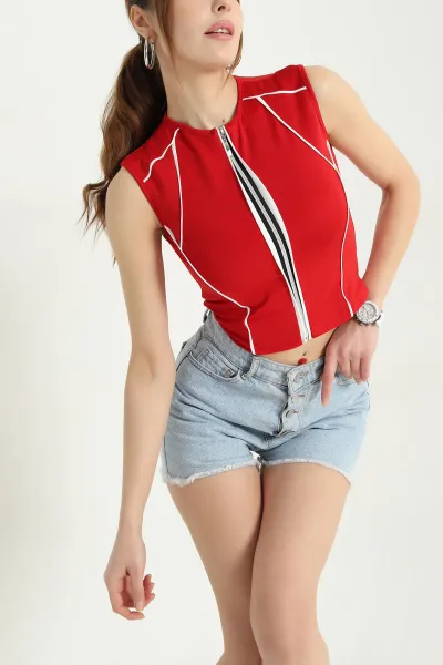 Kırmızı Likralı Fermuarlı Kolsuz Sandy Bluz Yelek 338356