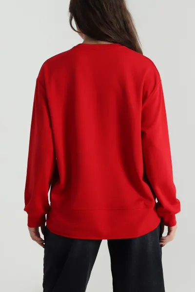 Kırmızı Likralı Modal Kadın Sweat 498044